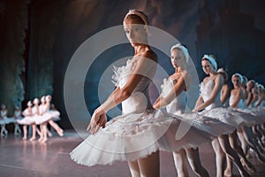 Dancers in white tutu synchronized dancing