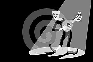 Dancing actor in tights on stage under a spotlight in a theatrical mask of comedy with lute. Bard or minstrel role.