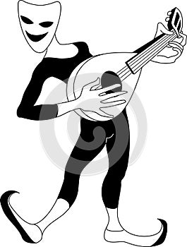 Dancing actor in tights & a theatrical mask of comedy. A bard, a minstrel, plays a mandolin and sings a song.