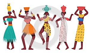 Dancing African aboriginal women. Female African characters dancing tribal dance isolated cartoon vector illustration