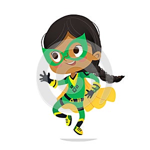 Dancing African-American Girl wearing colorful costume of superheroe, isolated on white background. Cartoon vector photo