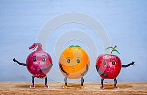 Dancing Apple, Orange and Onion, characters, happy, fun copy space
