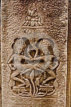 Dancing apsaras bas relief, Bayon temple , Siem Reap, Cambodia. UNESCO World Heritage Site. Capital city of the Khmer empire built