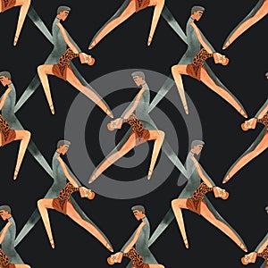 Dancing as a hobby for adults. ProAm in a dance studio. Seamless watercolor pattern for textile and fabric design for