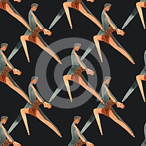 Dancing as a hobby for adults. ProAm in a dance studio. Seamless watercolor pattern for textile and fabric design for