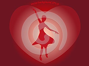 Dancing ballerina in a big red heart in the form of a silhouette on the bright basis.Eps10