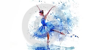 Dancing ballerina in a blue tutu. Ballet school. Watercolor pain