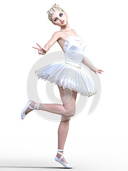 Dancing ballerina 3D. White ballet tutu. Blonde girl with blue eyes.