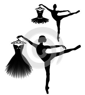 Dancing ballerina girl holding coathanger with tutu dress black and white vector silhouette set