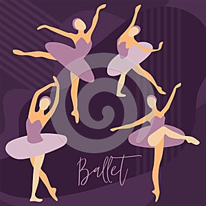 Dancing ballerinas drawn in a flat style. Cartoon character of a ballerina in different dance poses. Vector