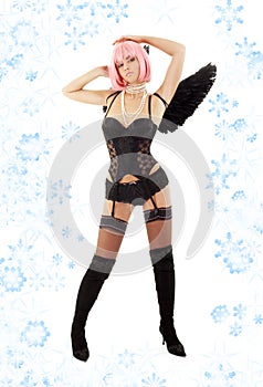 Dancing black lingerie angel with pink hair and sn