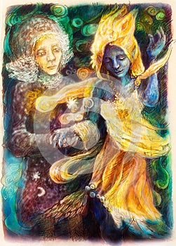 Dancing blue spirit and visionary woman, colorful painting