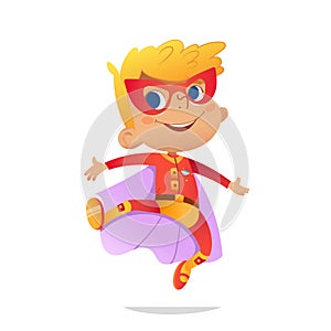 Dancing Boy wearing colorful costume of superheroe, isolated on white background. Cartoon vector characters of Kid photo