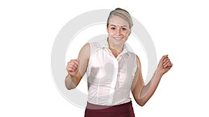 Dancing businesswoman on white background.