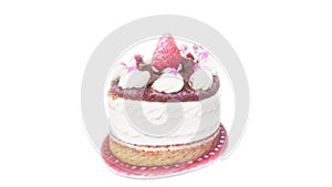 Dancing cake cream strawberry dessert on white back able to loop endless