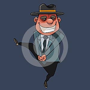 Dancing cartoon broad smiling man in suit and hat