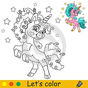 Dancing cartoon cute unicorn kids coloring book page