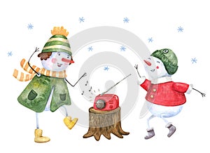 Dancing cheerful snowmen kids hand painted watercolor illustration