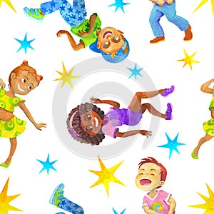 Dancing children and holiday party elements. Seamless pattern