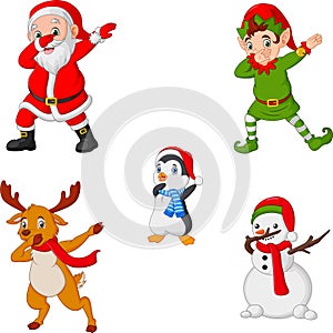 Dancing christmas cartoon santa claus, elf, reindeer, penguin and snowman