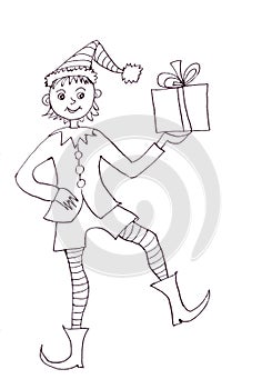 Dancing christmas elf with gift, graphic line drawing on white background