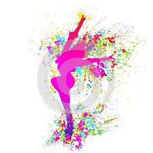 Dancing colorful girl splash paint dance on white