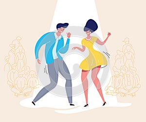 Dancing couple with audience. Rockabilly dance party. Happy swing dancers with viewers vector illustration isolated