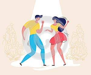 Dancing couple with audience. Rockabilly dance party. Happy swing dancers with viewers vector illustration isolated