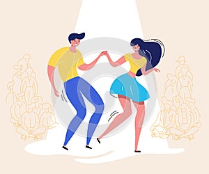 Dancing couple with audience. Rockabilly dance party. Happy swing dancers with viewers vector illustration isolated