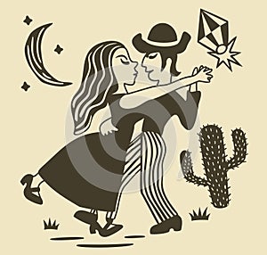 Dancing couple. Brasilian cordel woodcut illustration photo