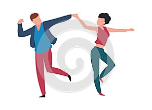 Dancing couple. Cartoon pair at choreography lesson. Cheerful people move holding hands. Isolated dancers resting