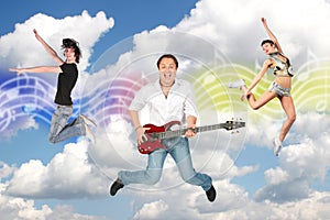 Dancing couple and guitarist clouds collage