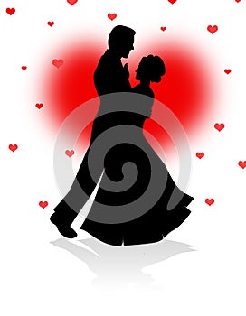 Dancing couple with red hearts background