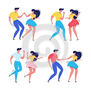 Dancing couple set. Rockabilly dance party. Happy swing dancers vector illustration isolated