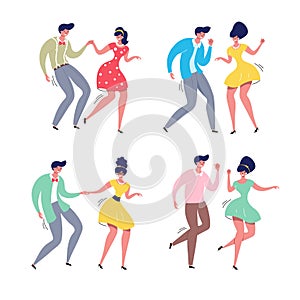 Dancing couple set. Rockabilly dance party. Happy swing dancers vector illustration isolated