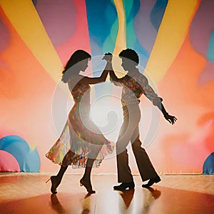 Dancing couple silhouette with discotheque lights on the black background.