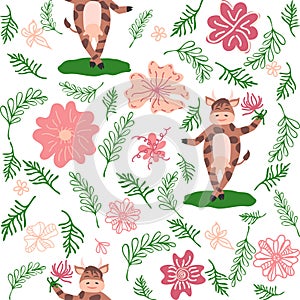 Dancing cow in the meadow cute seamless pattern, splashes of milk and the inscription Milk, Cow, Love. Flat