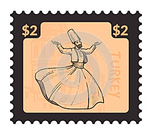 Dancing dervish postmark or postcard with price