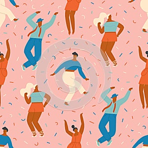 Dancing disco party illustration. Funny cartoon characters dancing together seamless pattern.