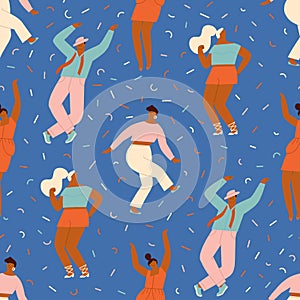 Dancing disco party illustration. Funny cartoon characters dancing together seamless pattern.