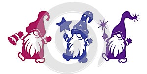 Dancing dwarfs stencils. Gnomes with a bell, with a star, a gnome with a magic wand. Winter decorations. Objects for cutting