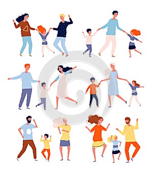 Dancing family. Kids playing and dancing with parents mother father children dancers vector characters collection