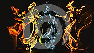 Dancing fire and flames on a dark background. Abstract inferno and heat. Blazing dancers movement. Burning figures and people.