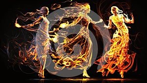 Dancing fire and flames on a dark background. Abstract inferno and heat. Blazing women dancers and movement.