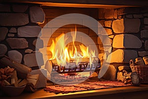 Dancing firelight Flames crackle in a cozy fireplace setting