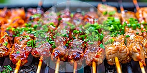 Dancing Flames: Skewers of Delicious Delights Cooking on the Grill. Generative AI