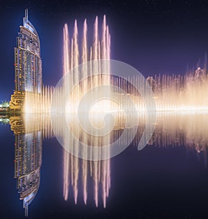 The dancing fountain Burj Khalifa in Dubai, UAE