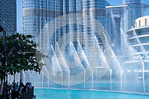 The Dancing fountains near Burj Khalifa skyscraper in Dubai.