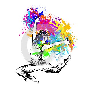 Dancing girl jumping with color splashes on white background. Vector illustration