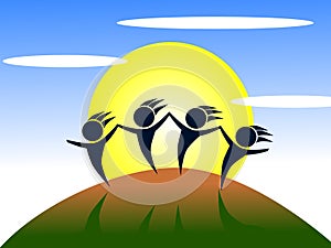 People Dancing on the hilln a sunny day, colors, illustration